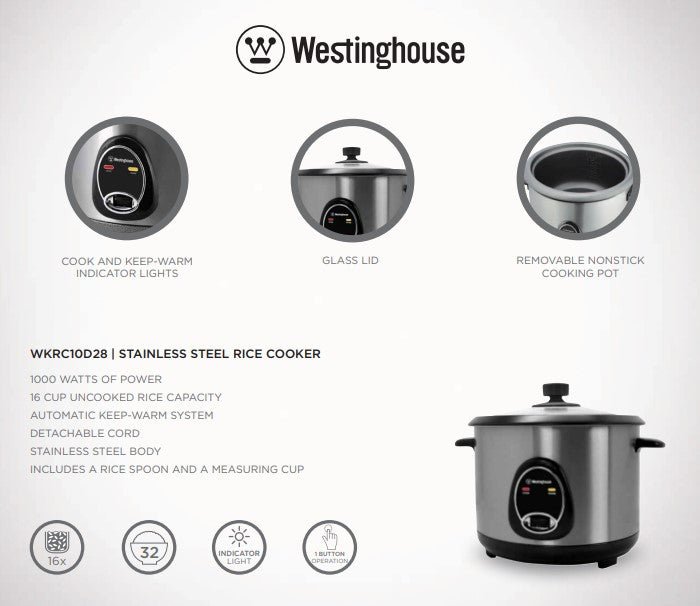Westinghouse 220 volts rice cooker 16 cup 2.8 liter steamer with Stainless Steel housing, non stick WKRC10D28 - 220 - Electronics