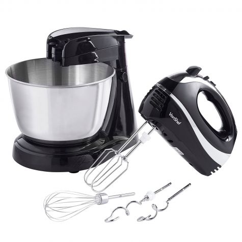 VonShef Hand Food Mixer with Electric Whisk Beaters Dough Hooks 5 Speed Black 