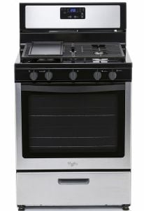 Whirlpool 3LWF7550S 220-volt gas range with 5 burners and griddle