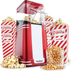 VonShef 220 volt Popcorn Machine 220v 240 volt Popcorn Maker with Hot Air Circulation one touch Fat Free, Healthy & Oil Free Snack with 6 Boxes - Red